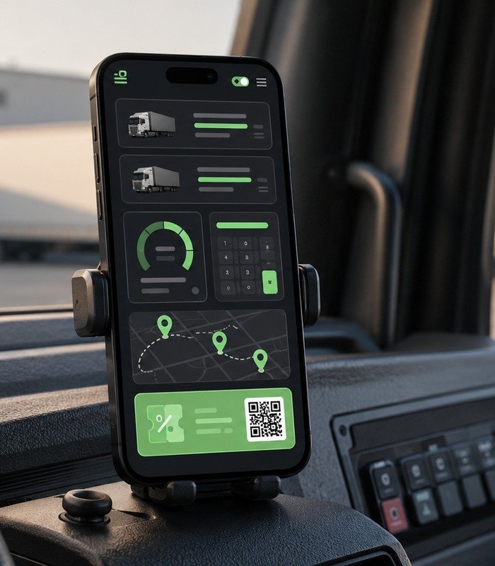 App Vekoo em uso na cabine do caminhão